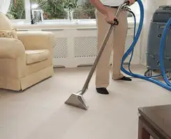 Carpet cleaning professional removing dirt and stains with a hot-water extraction tool in a home, Naperville, IL.